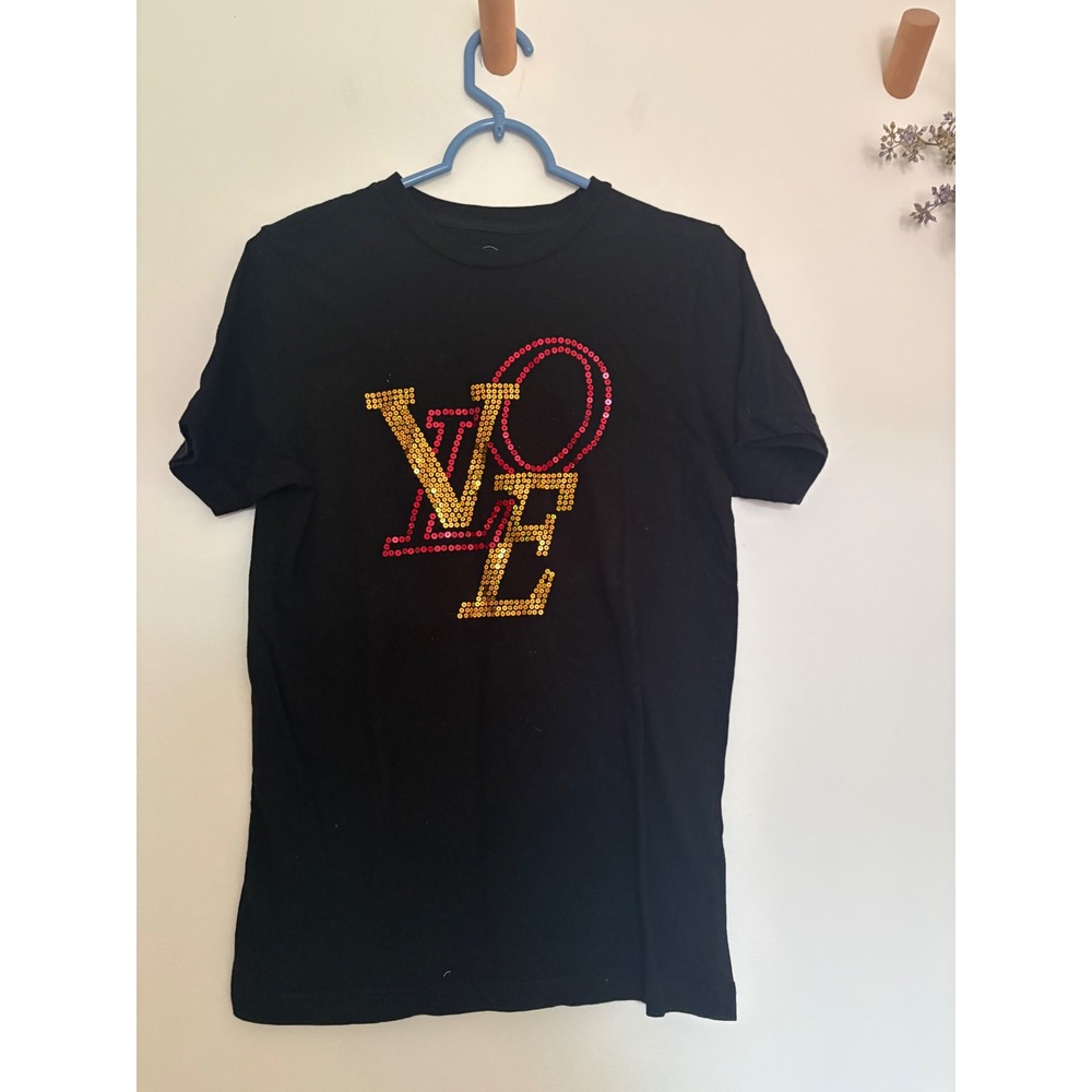 Boujie & Co LOVE Sequin Graphic Tee Black Red Gold Made in USA Small